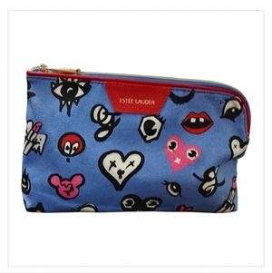 Estee Lauder Blue Graphic Pop Art Tattoo Heart Lips Eyelash Makeup Pouch Bag